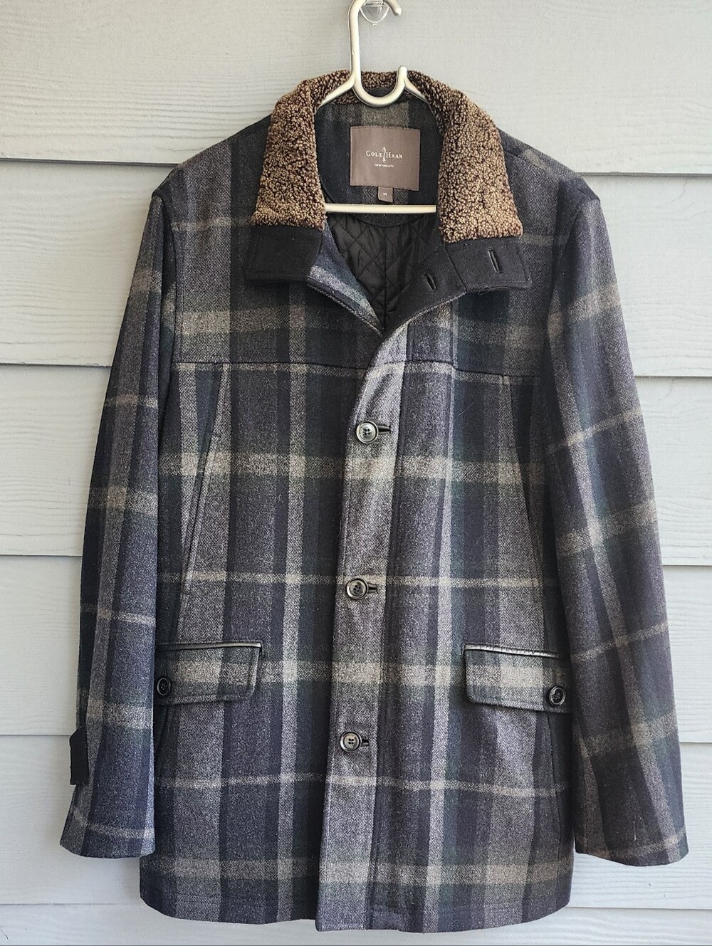 Cole Haan Men's Wool Blend Plaid Jacket Coat Faux Shearling Size M